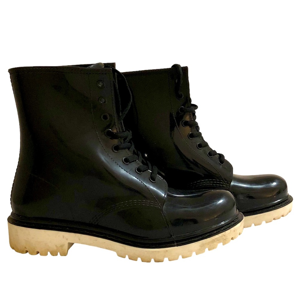 Henry Ferrera Boots Combat Rain Moto Patent Finish Lug Sole Black White 8